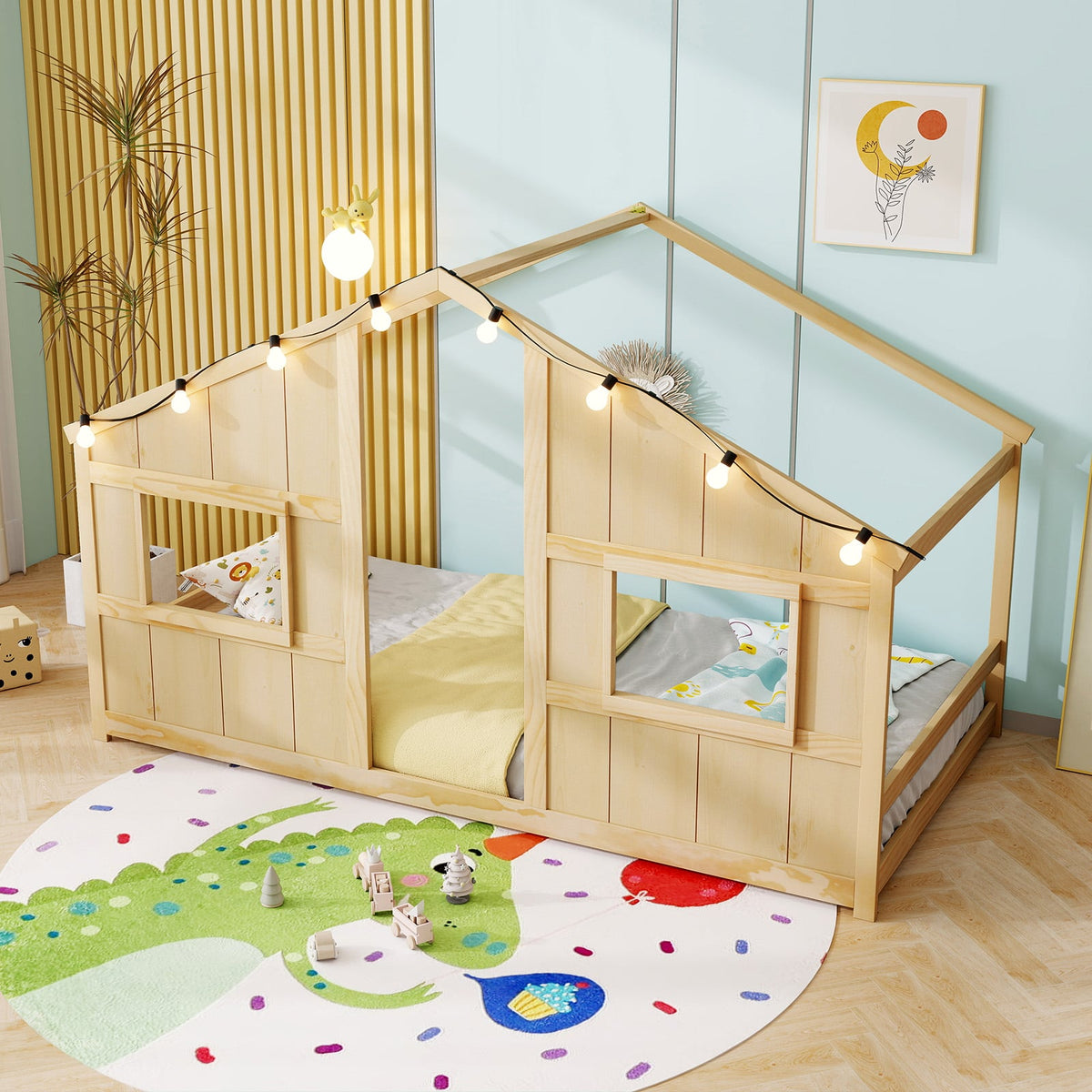 Twin Size House Bed with LED Lights Montessori Slat-free Floor Bed-Natural-Toddler Beds-DECOROLALA