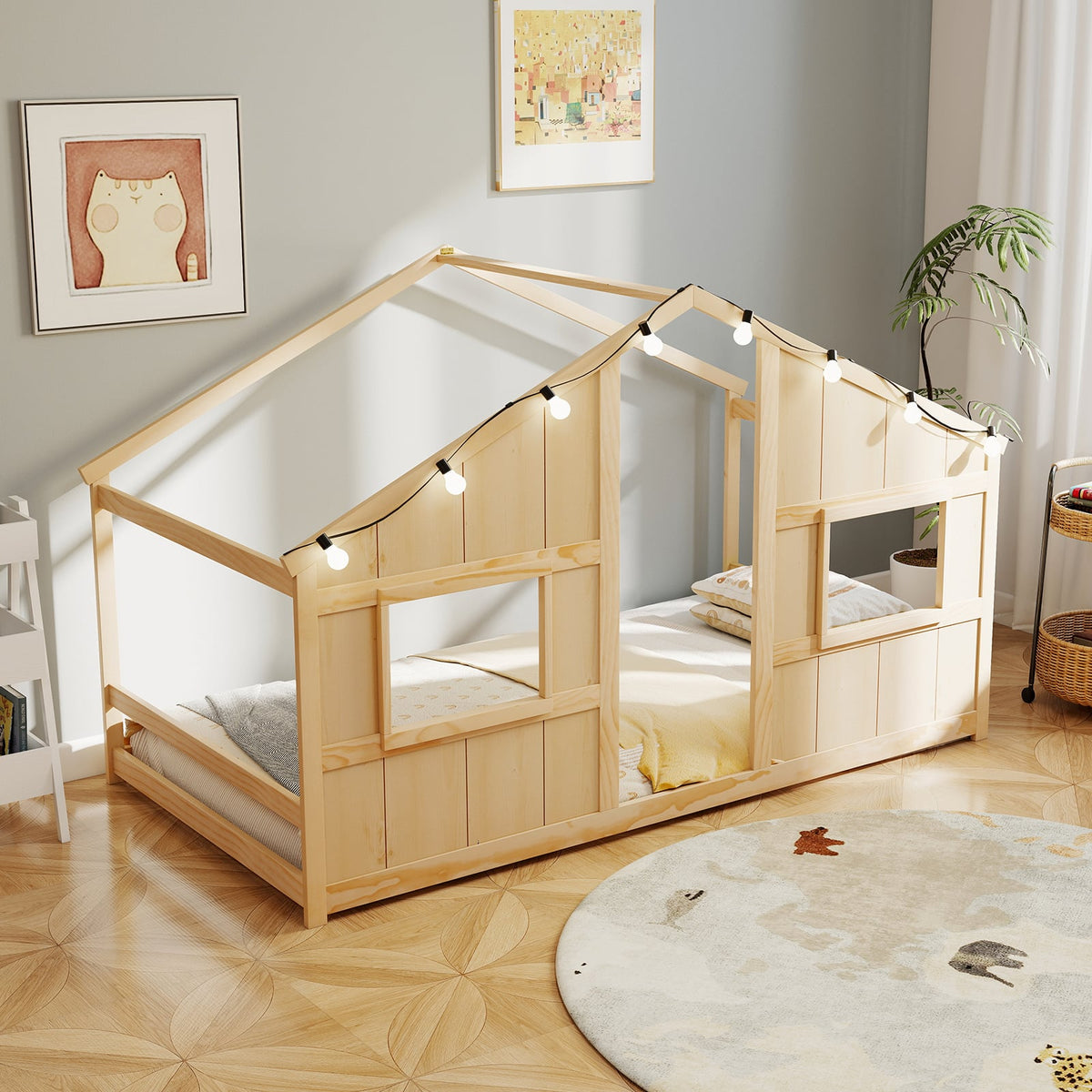 Twin Size House Bed with LED Lights Montessori Slat-free Floor Bed-Natural-Toddler Beds-DECOROLALA