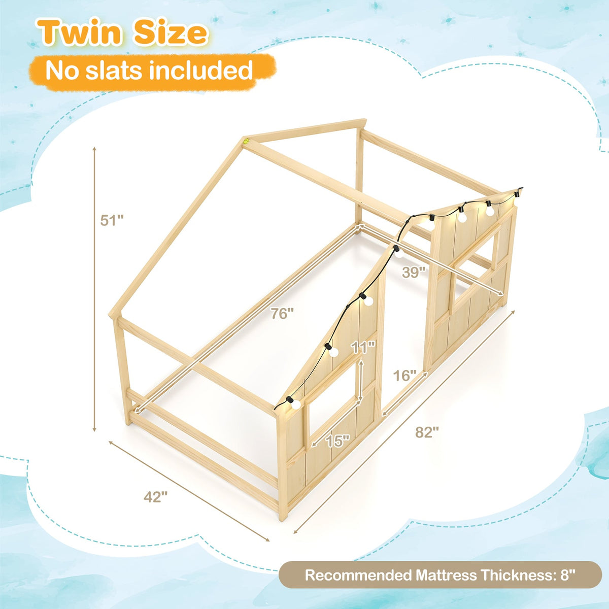 Twin Size House Bed with LED Lights Montessori Slat-free Floor Bed-Natural-Toddler Beds-DECOROLALA