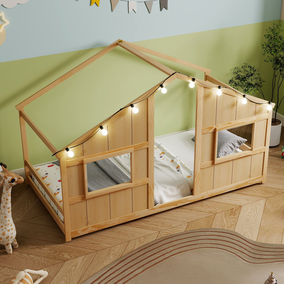 Twin Size House Bed with LED Lights Montessori Slat-free Floor Bed-Natural-Toddler Beds-DECOROLALA