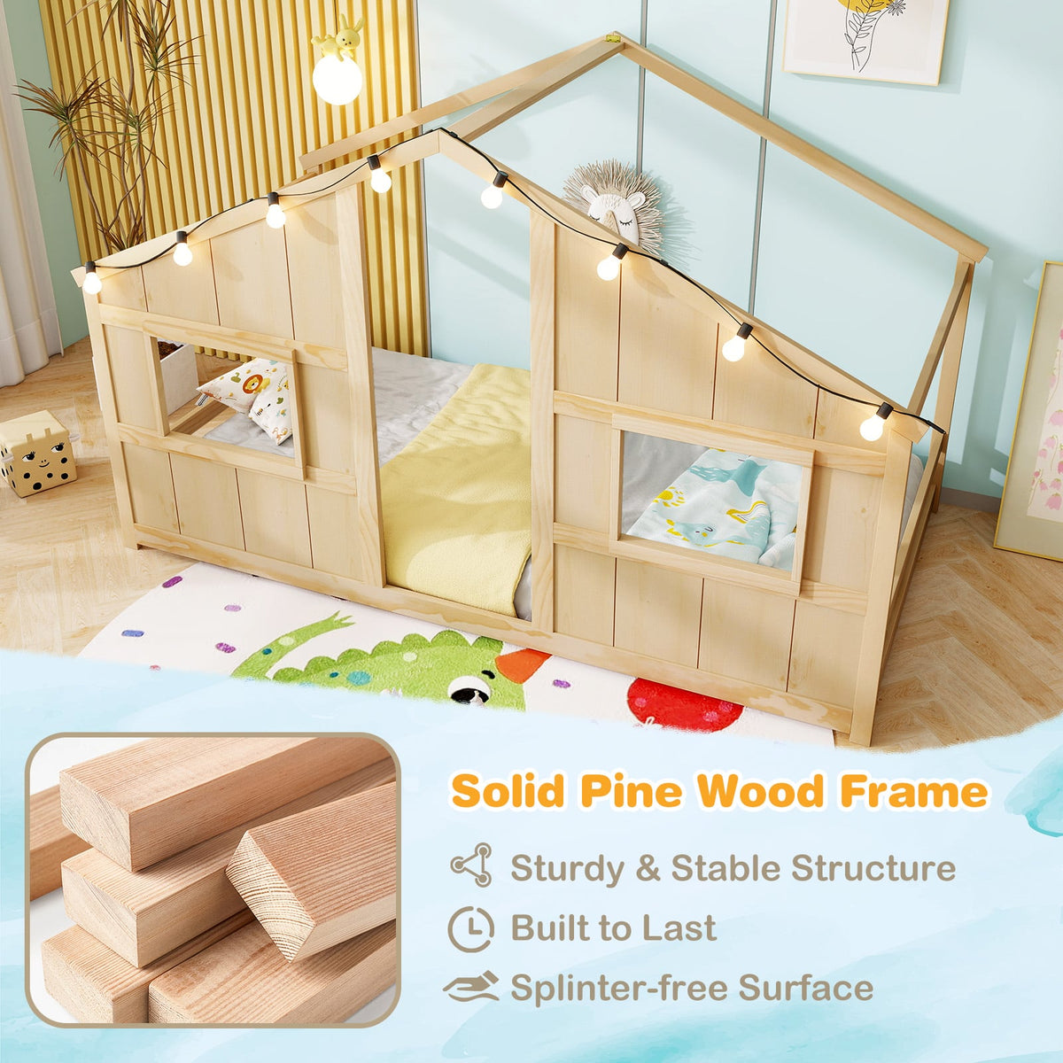 Twin Size House Bed with LED Lights Montessori Slat-free Floor Bed-Natural-Toddler Beds-DECOROLALA