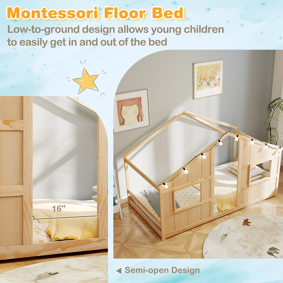 Twin Size House Bed with LED Lights Montessori Slat-free Floor Bed-Natural-Toddler Beds-DECOROLALA