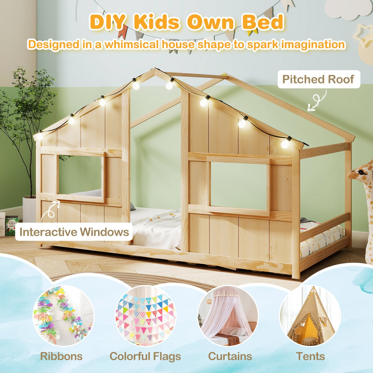 Twin Size House Bed with LED Lights Montessori Slat-free Floor Bed-Natural-Toddler Beds-DECOROLALA