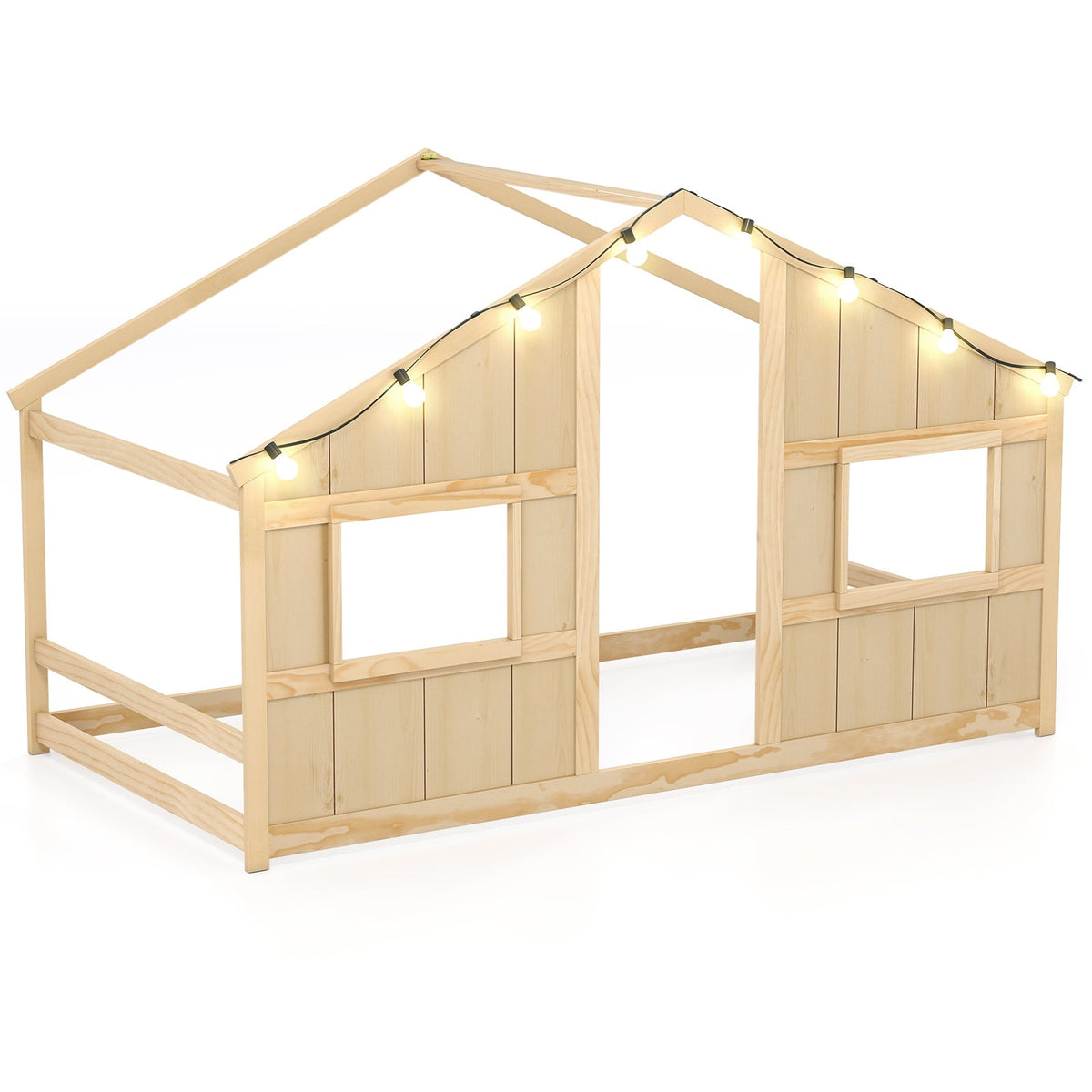 Twin Size House Bed with LED Lights Montessori Slat-free Floor Bed-Natural-Toddler Beds-DECOROLALA