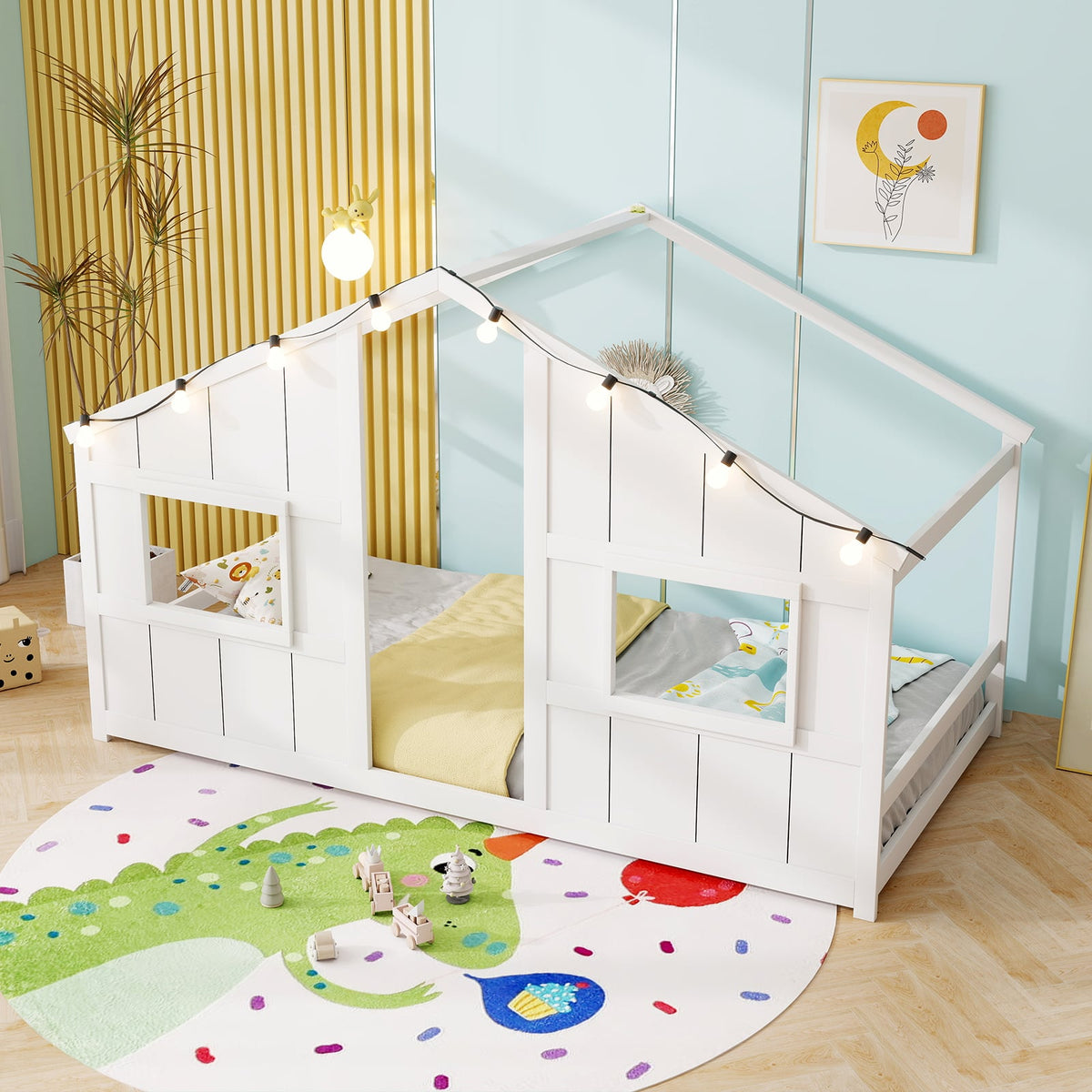 Twin Size House Bed with LED Lights Montessori Slat-free Floor Bed-White-Toddler Beds-DECOROLALA
