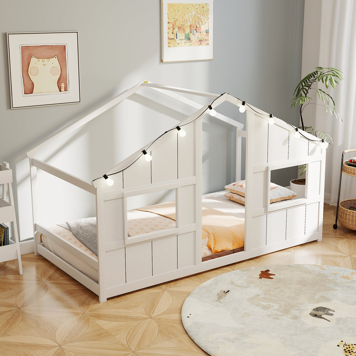 Twin Size House Bed with LED Lights Montessori Slat-free Floor Bed-White-Toddler Beds-DECOROLALA