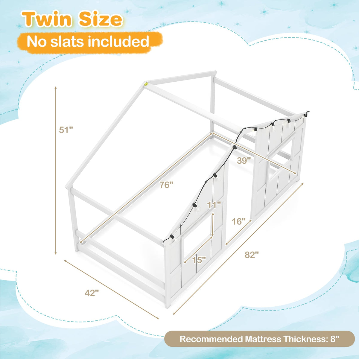 Twin Size House Bed with LED Lights Montessori Slat-free Floor Bed-White-Toddler Beds-DECOROLALA