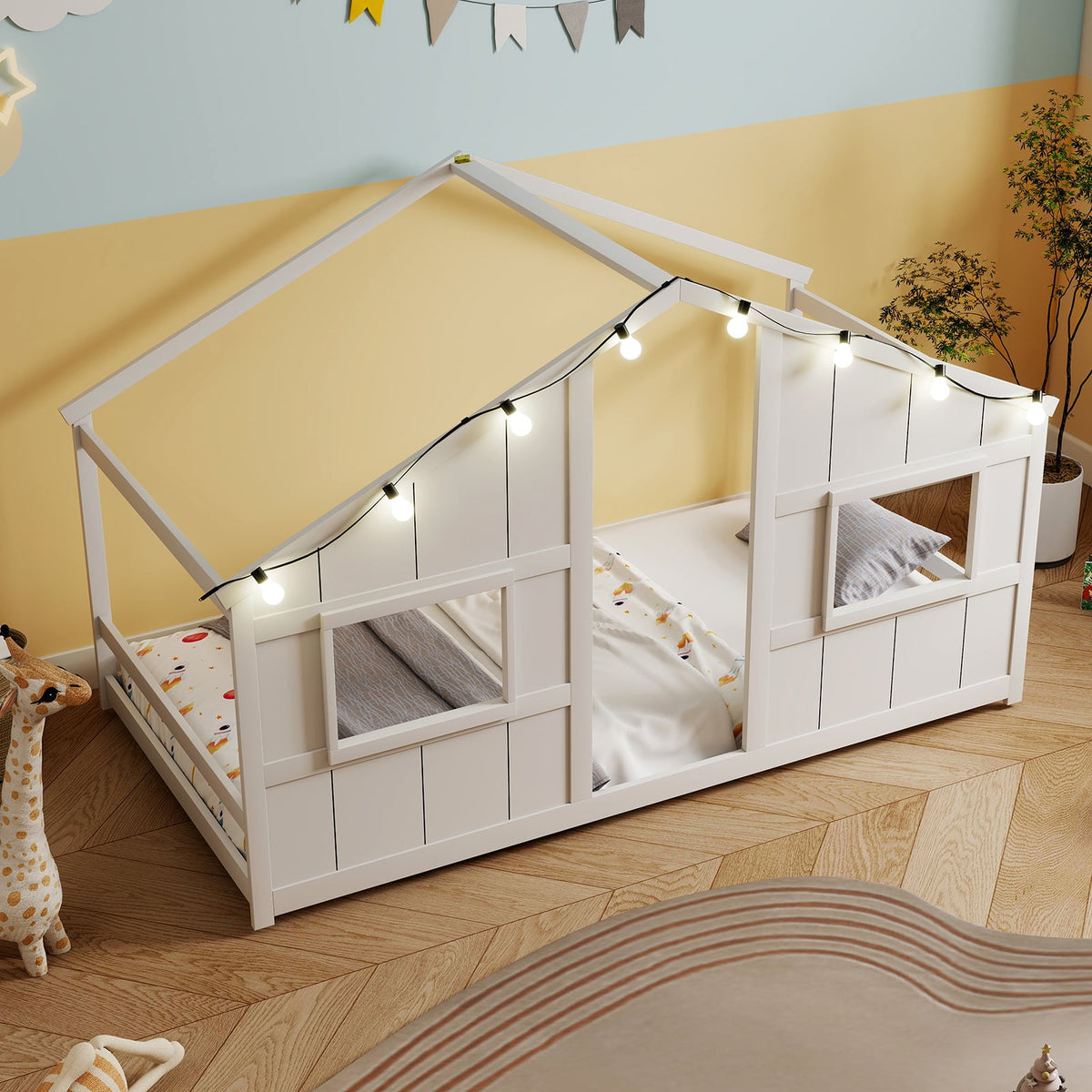 Twin Size House Bed with LED Lights Montessori Slat-free Floor Bed-White-Toddler Beds-DECOROLALA