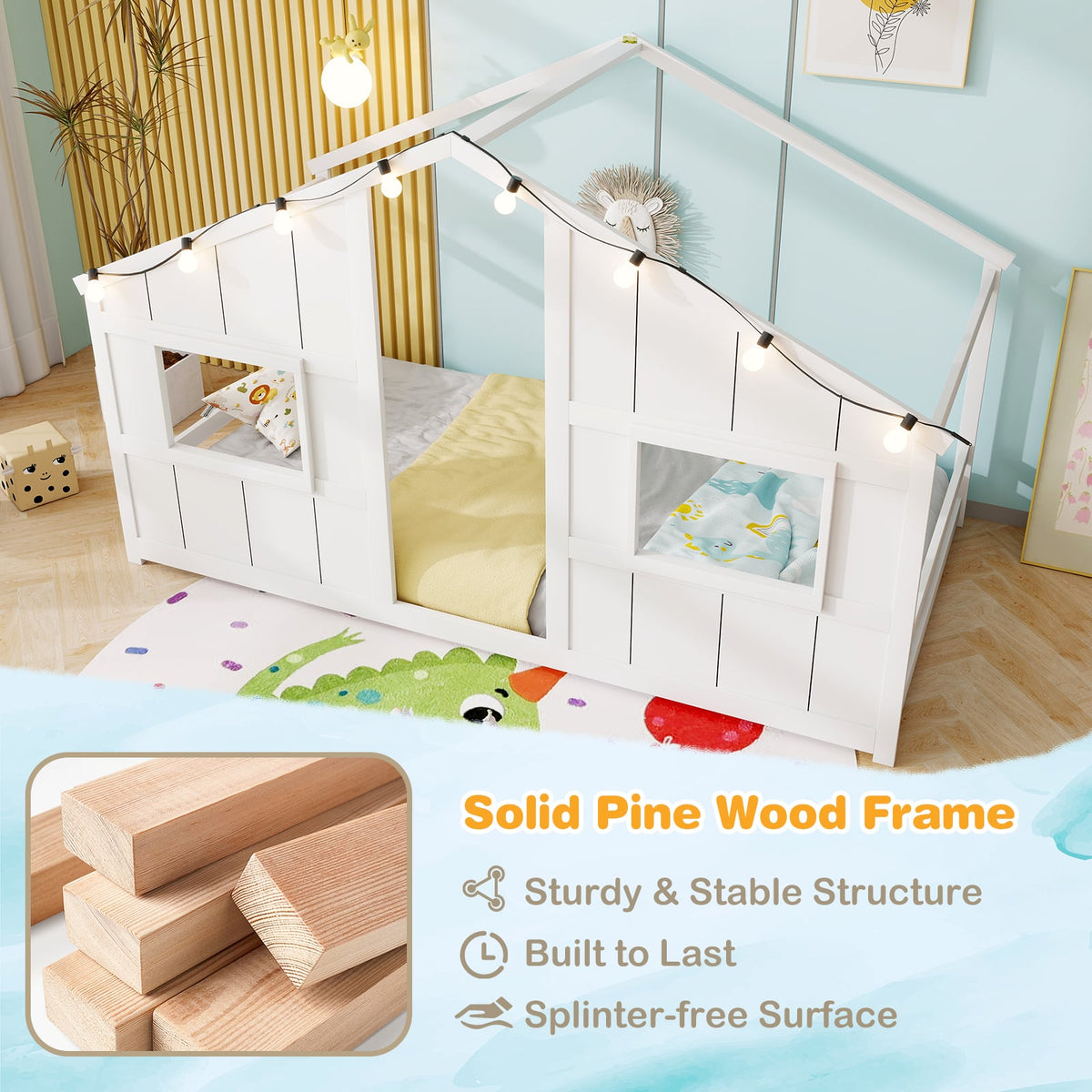 Twin Size House Bed with LED Lights Montessori Slat-free Floor Bed-White-Toddler Beds-DECOROLALA