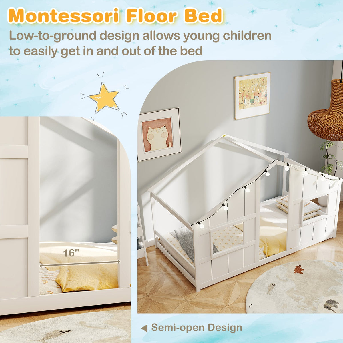 Twin Size House Bed with LED Lights Montessori Slat-free Floor Bed-White-Toddler Beds-DECOROLALA