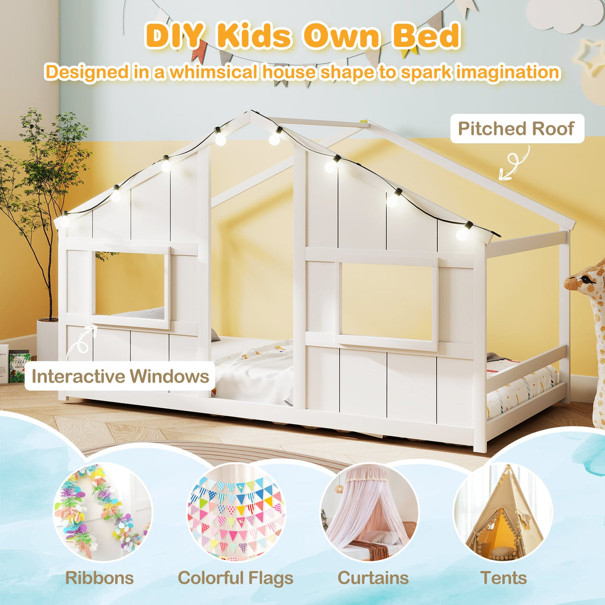 Twin Size House Bed with LED Lights Montessori Slat-free Floor Bed-White-Toddler Beds-DECOROLALA