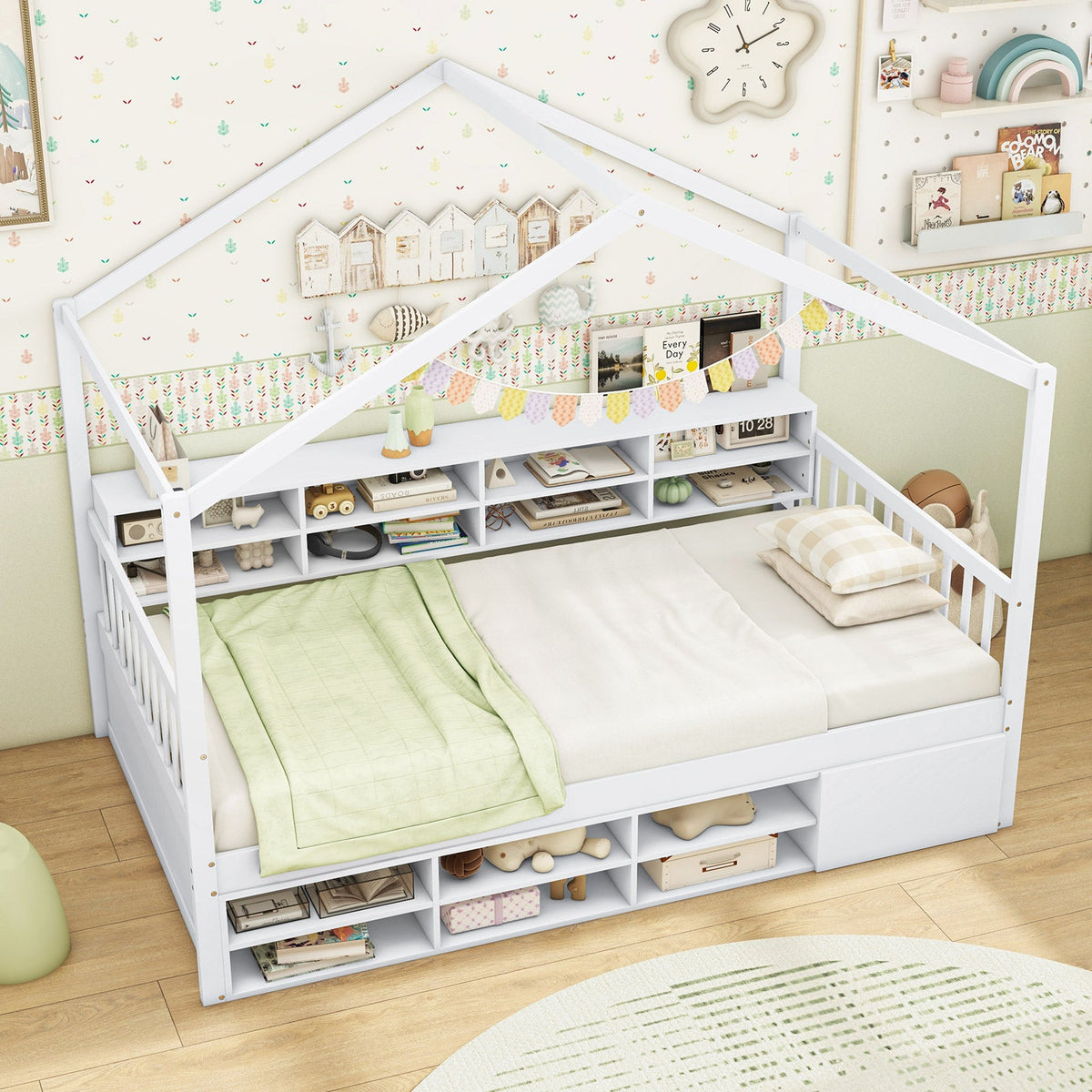 Twin Size House Bed with Roof with 14 Storage Cubes and Enclosed Cabinet-Trundle Bed Frame-DECOROLALA