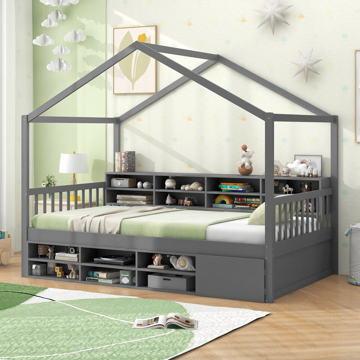 Twin Size House Bed with Roof with 14 Storage Cubes and Enclosed Cabinet-Trundle Bed Frame-DECOROLALA