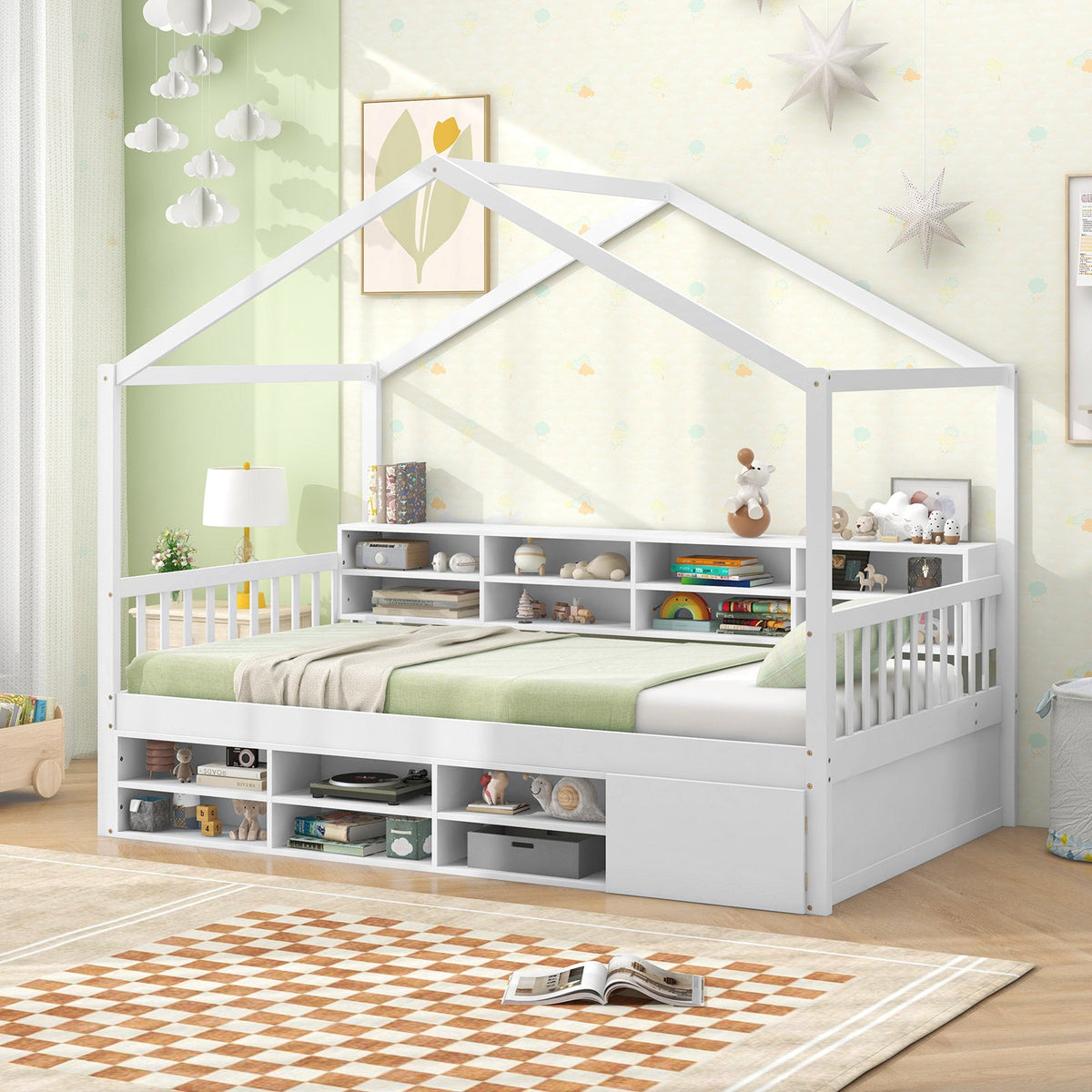 Twin Size House Bed with Roof with 14 Storage Cubes and Enclosed Cabinet-Trundle Bed Frame-DECOROLALA