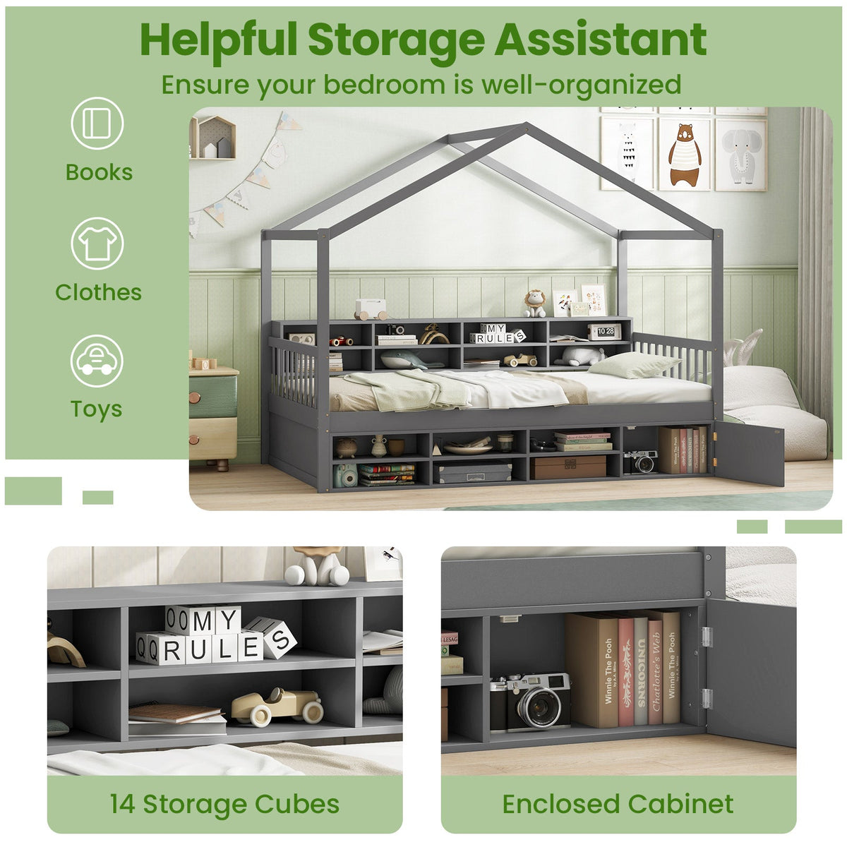 Twin Size House Bed with Roof with 14 Storage Cubes and Enclosed Cabinet-Trundle Bed Frame-DECOROLALA