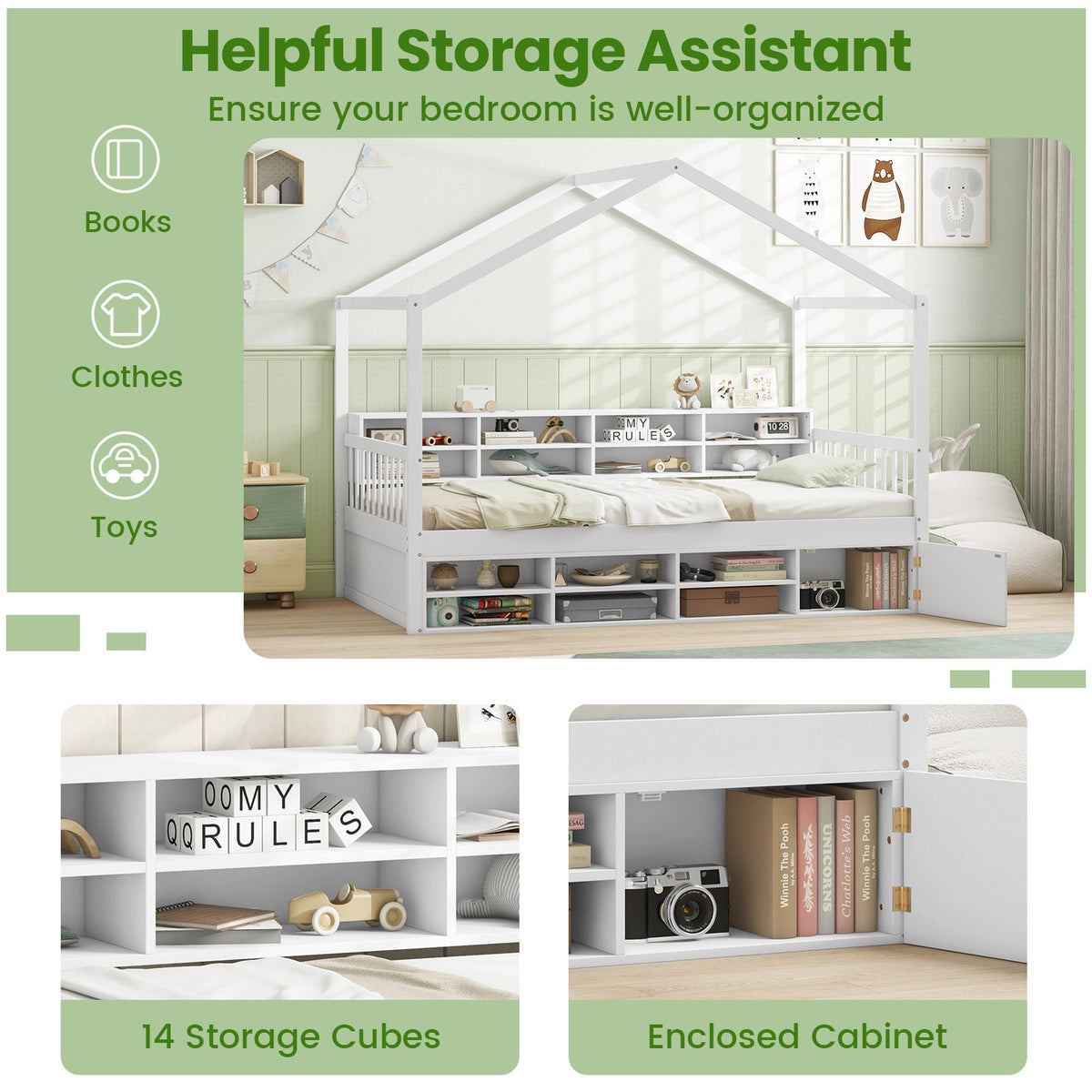 Twin Size House Bed with Roof with 14 Storage Cubes and Enclosed Cabinet-Trundle Bed Frame-DECOROLALA