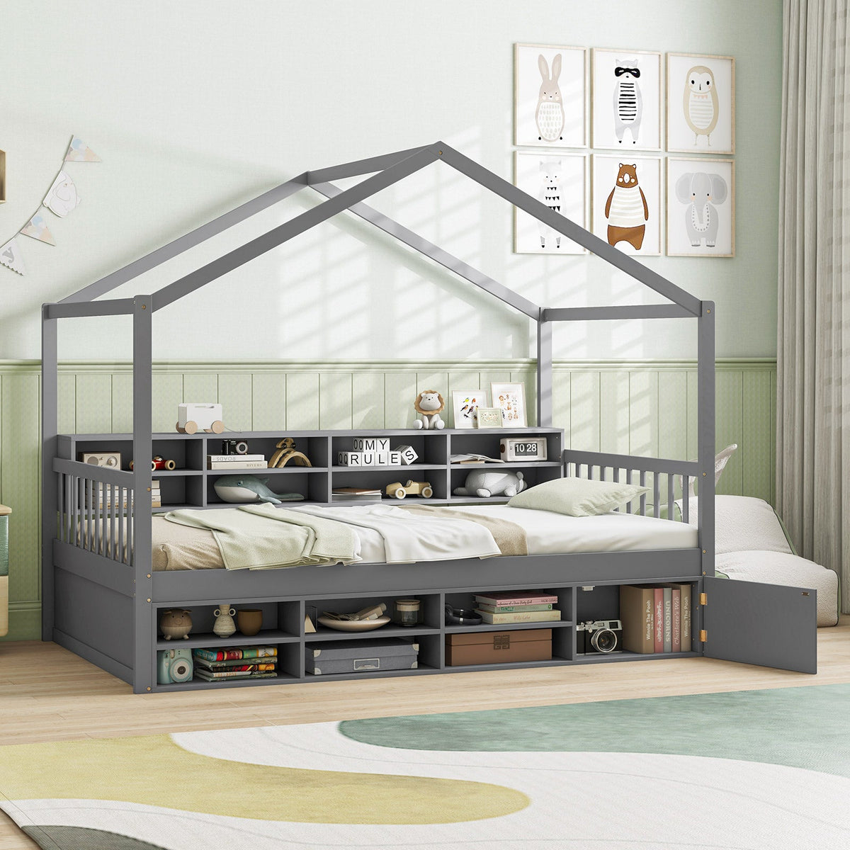 Twin Size House Bed with Roof with 14 Storage Cubes and Enclosed Cabinet-Trundle Bed Frame-DECOROLALA