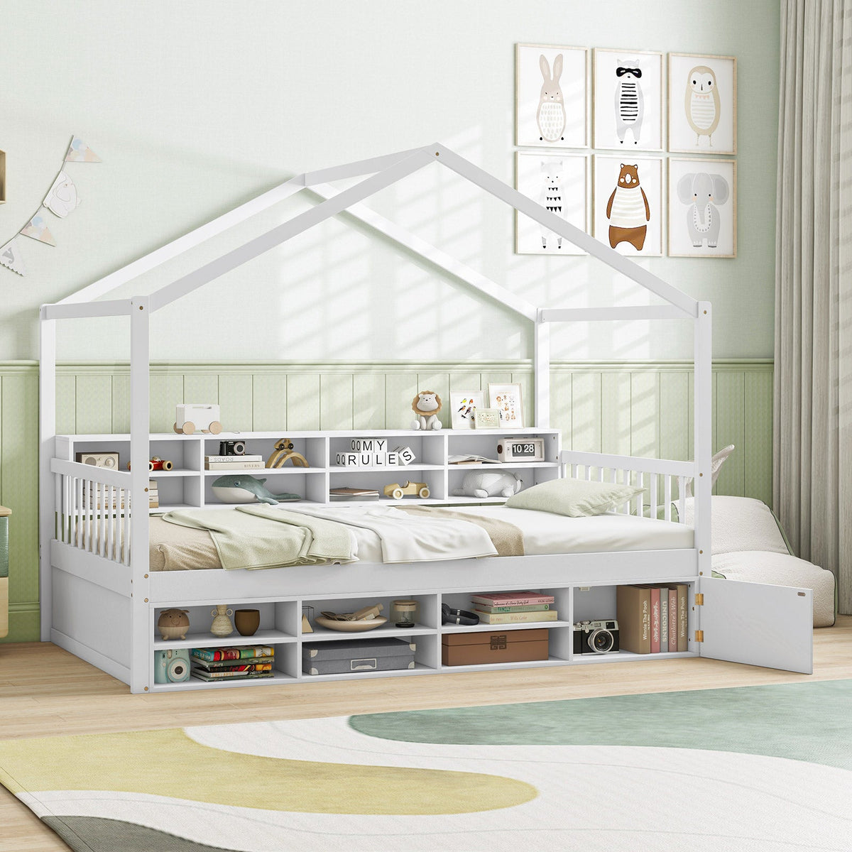 Twin Size House Bed with Roof with 14 Storage Cubes and Enclosed Cabinet-Trundle Bed Frame-DECOROLALA