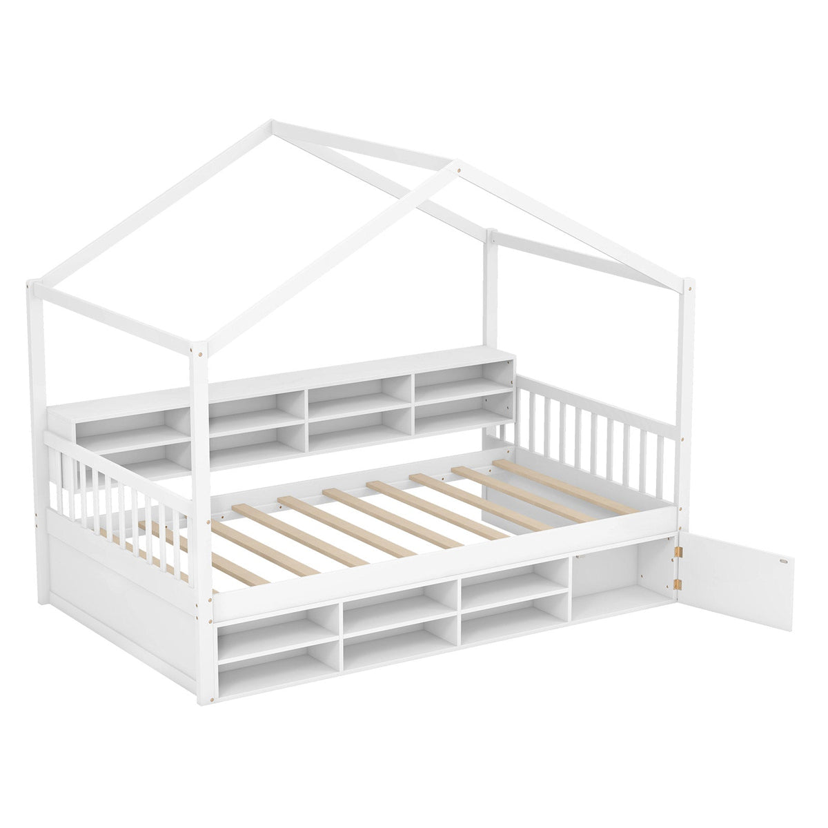 Twin Size House Bed with Roof and 14 Storage Cubes - White/Gray-Trundle Bed Frame-DECOROLALA