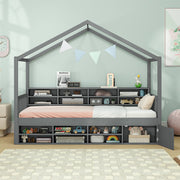 Twin Size House Bed with Roof with 14 Storage Cubes and Enclosed Cabinet-Trundle Bed Frame-DECOROLALA