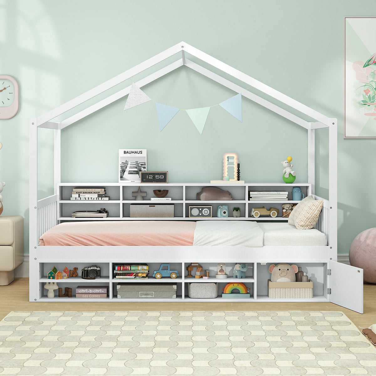 Twin Size House Bed with Roof with 14 Storage Cubes and Enclosed Cabinet-Trundle Bed Frame-DECOROLALA