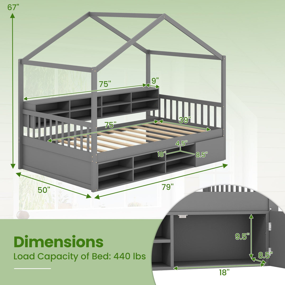 Twin Size House Bed with Roof with 14 Storage Cubes and Enclosed Cabinet-Trundle Bed Frame-DECOROLALA