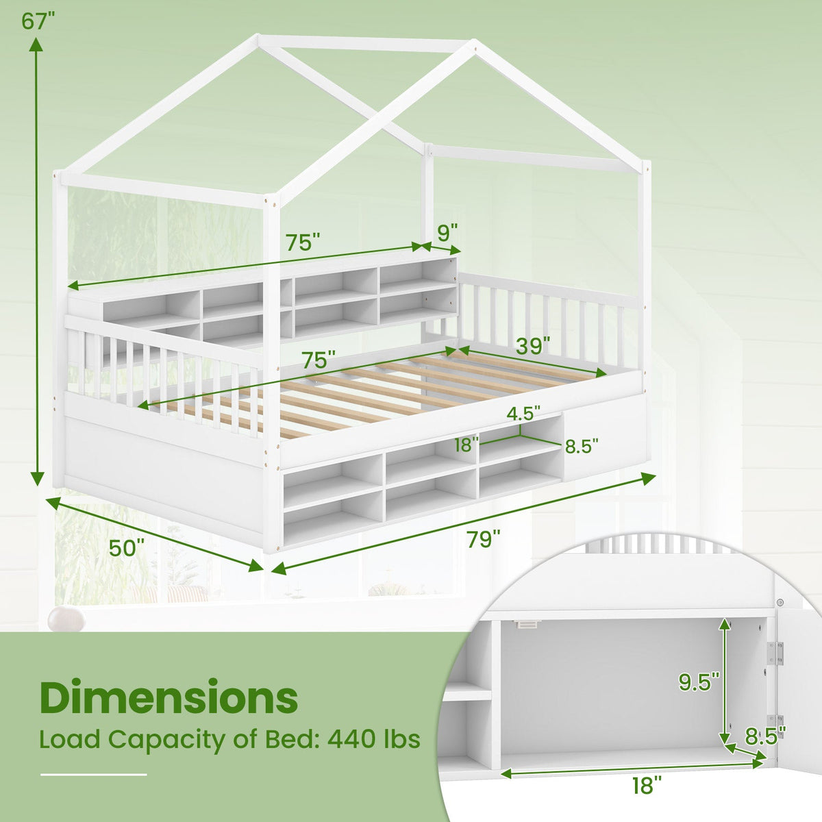 Twin Size House Bed with Roof with 14 Storage Cubes and Enclosed Cabinet-Trundle Bed Frame-DECOROLALA