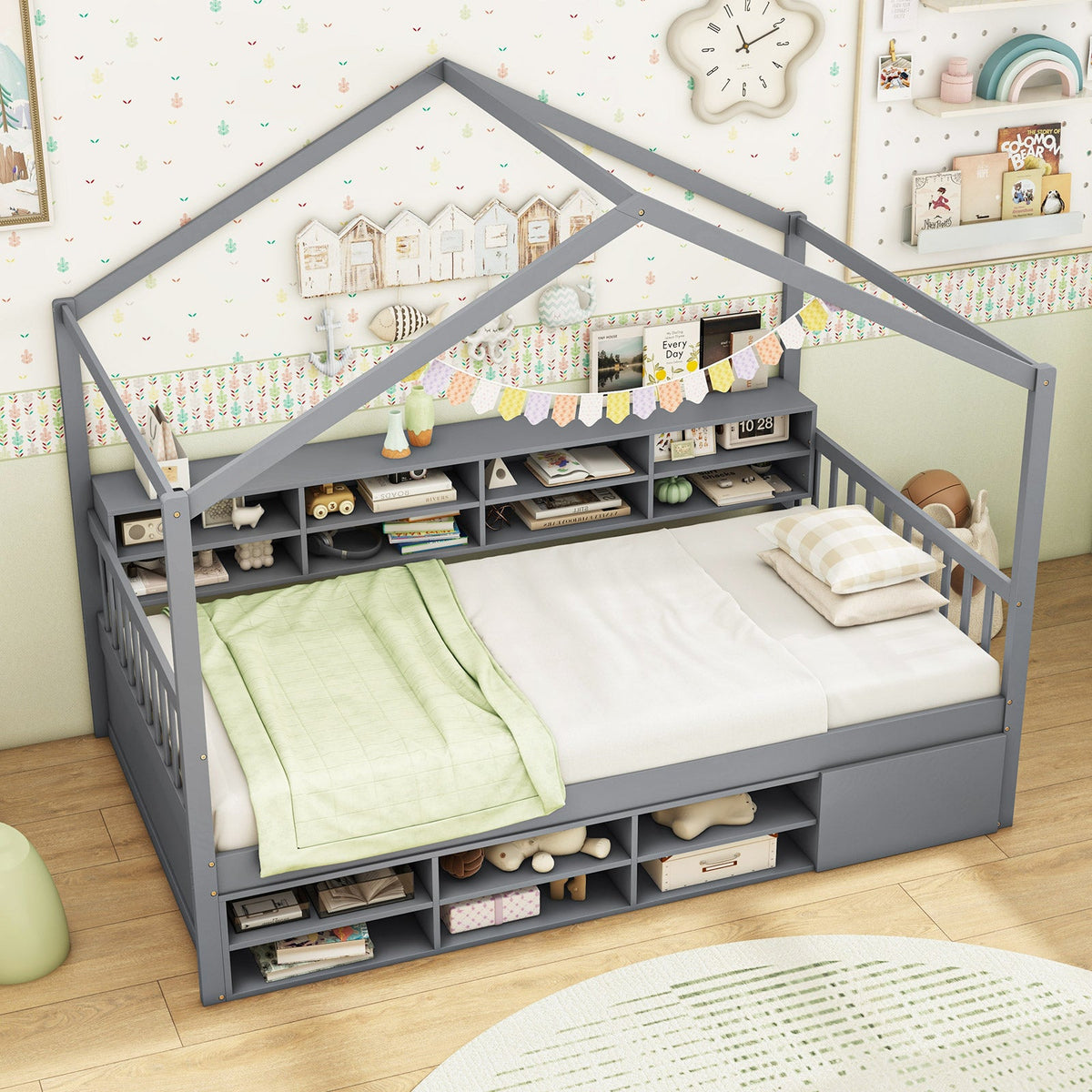 Twin Size House Bed with Roof with 14 Storage Cubes and Enclosed Cabinet-Trundle Bed Frame-DECOROLALA