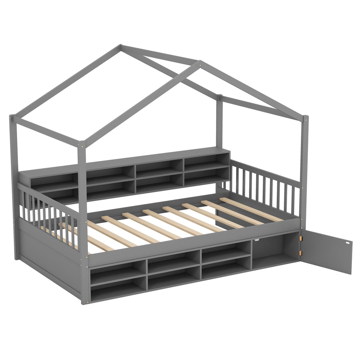 Twin Size House Bed with Roof with 14 Storage Cubes and Enclosed Cabinet-Trundle Bed Frame-DECOROLALA