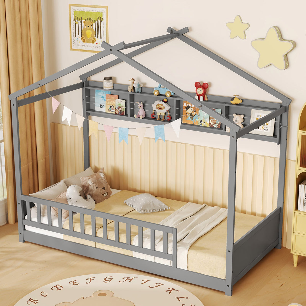 Twin Size House Bed with Storage Shelf and Headboard-Gray-Simple Bed Frame-DECOROLALA