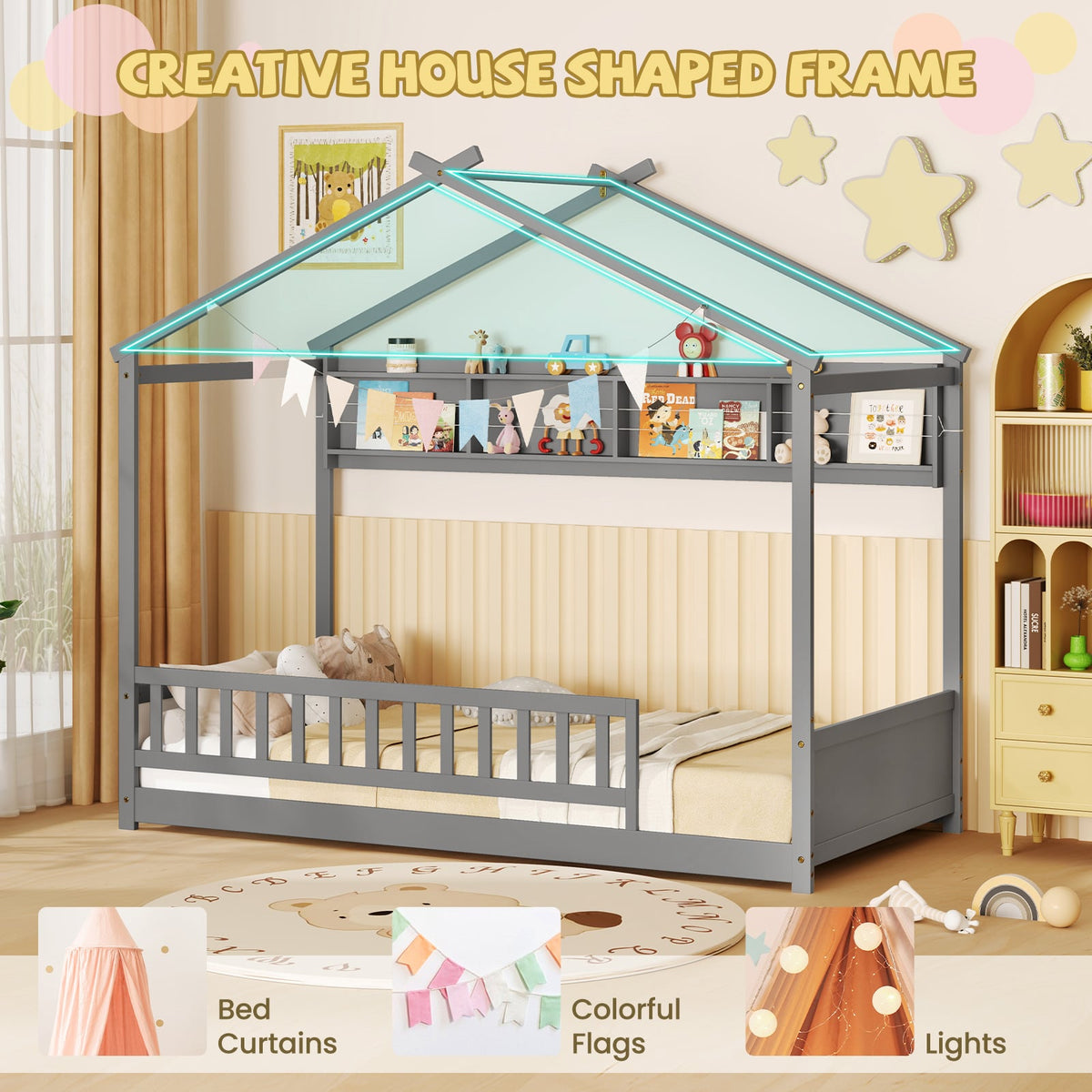Twin Size House Bed with Storage Shelf and Headboard-Gray-Simple Bed Frame-DECOROLALA