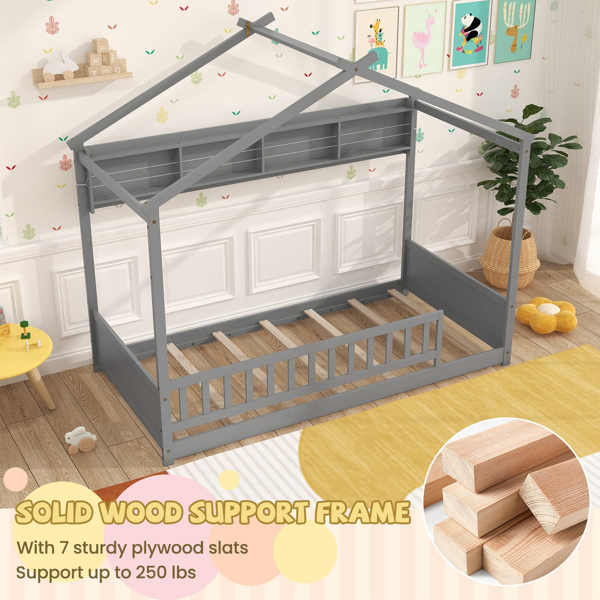 Twin Size House Bed with Storage Shelf and Headboard-Gray-Simple Bed Frame-DECOROLALA