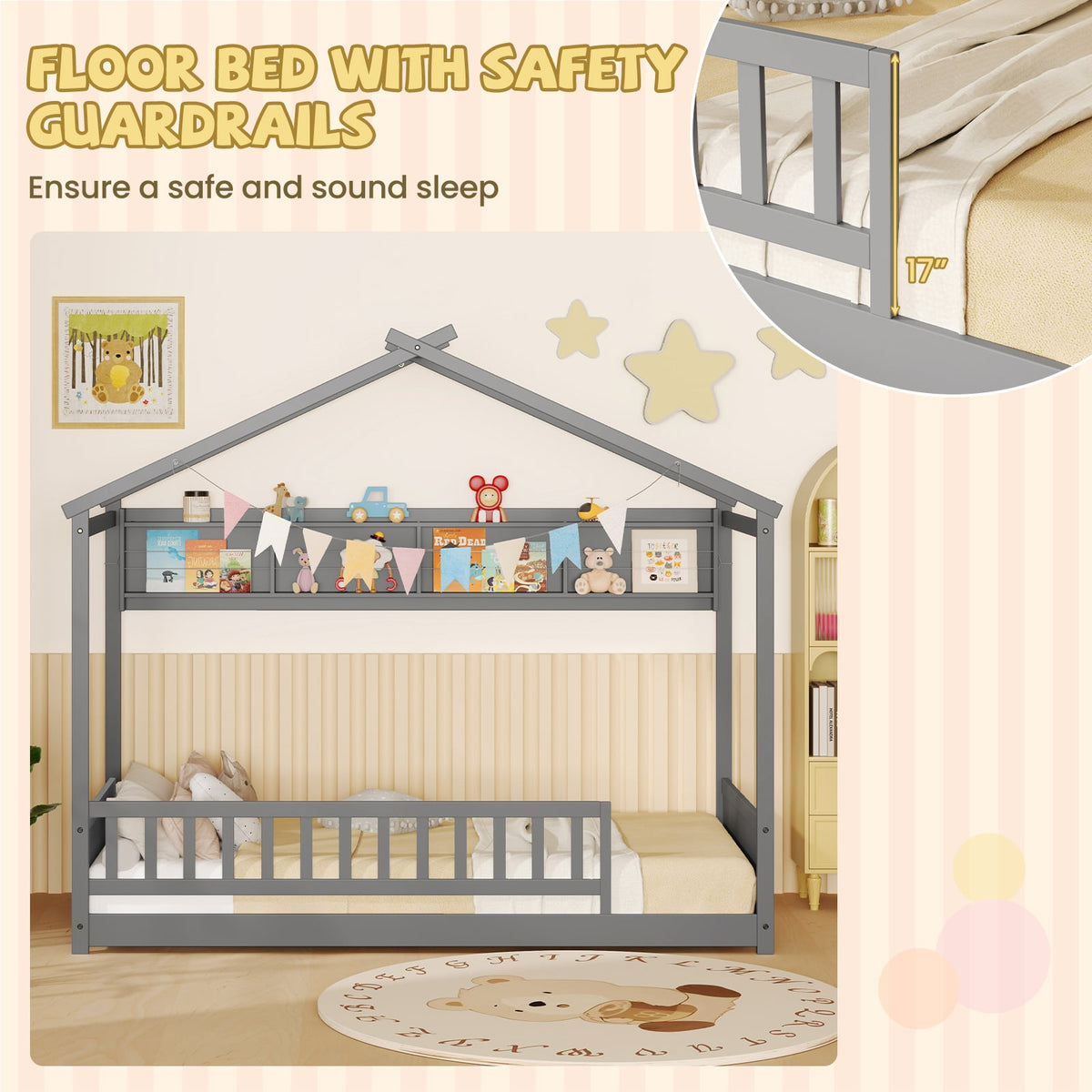 Twin Size House Bed with Storage Shelf and Headboard-Gray-Simple Bed Frame-DECOROLALA