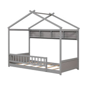 Twin Size House Bed with Storage Shelf and Headboard-Gray-Simple Bed Frame-DECOROLALA