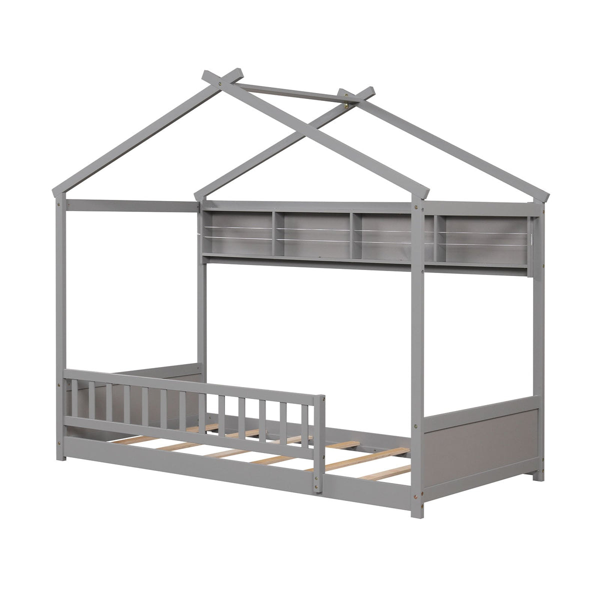 Twin Size House Bed with Storage Shelf and Headboard-Gray-Simple Bed Frame-DECOROLALA