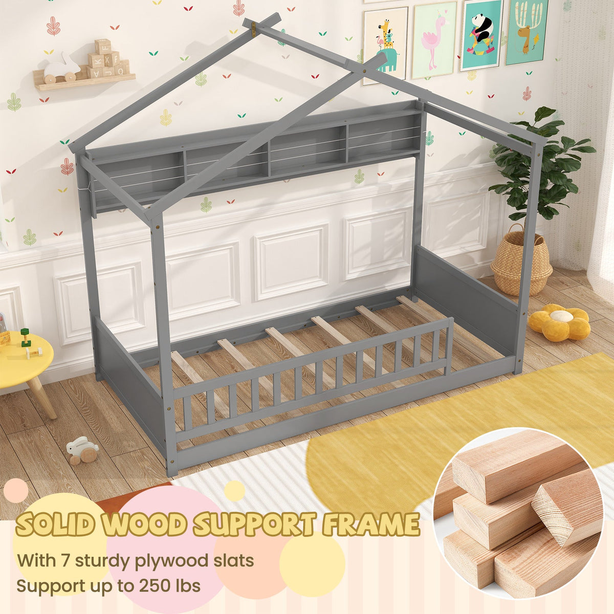 Twin Size House Bed with Storage Shelf and Headboard-Simple Bed Frame-DECOROLALA