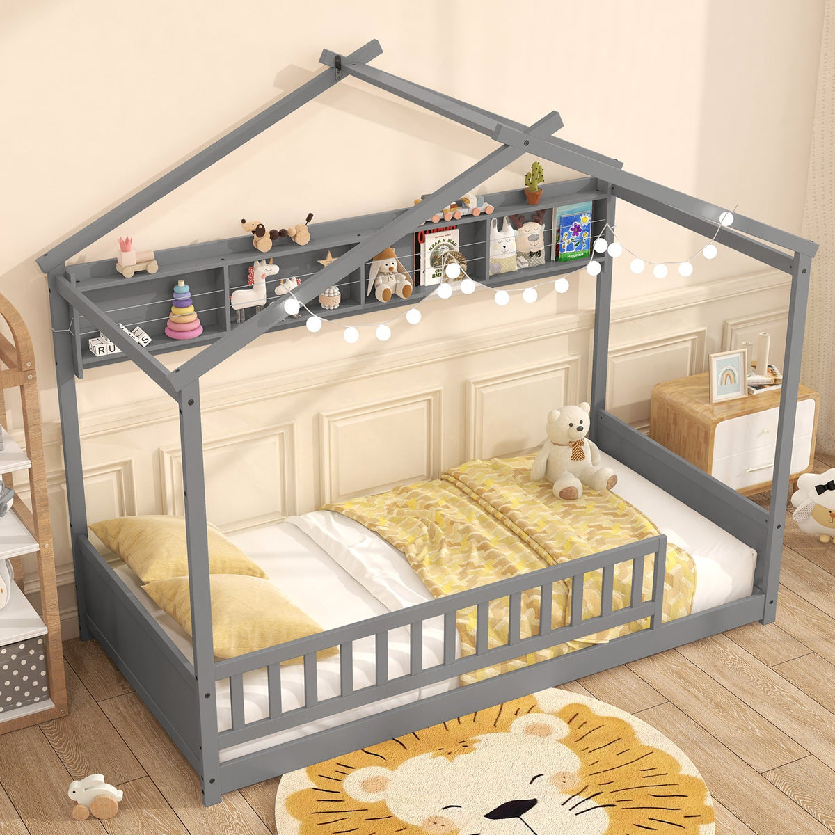 Twin Size House Bed with Storage Shelf and Headboard-Simple Bed Frame-DECOROLALA
