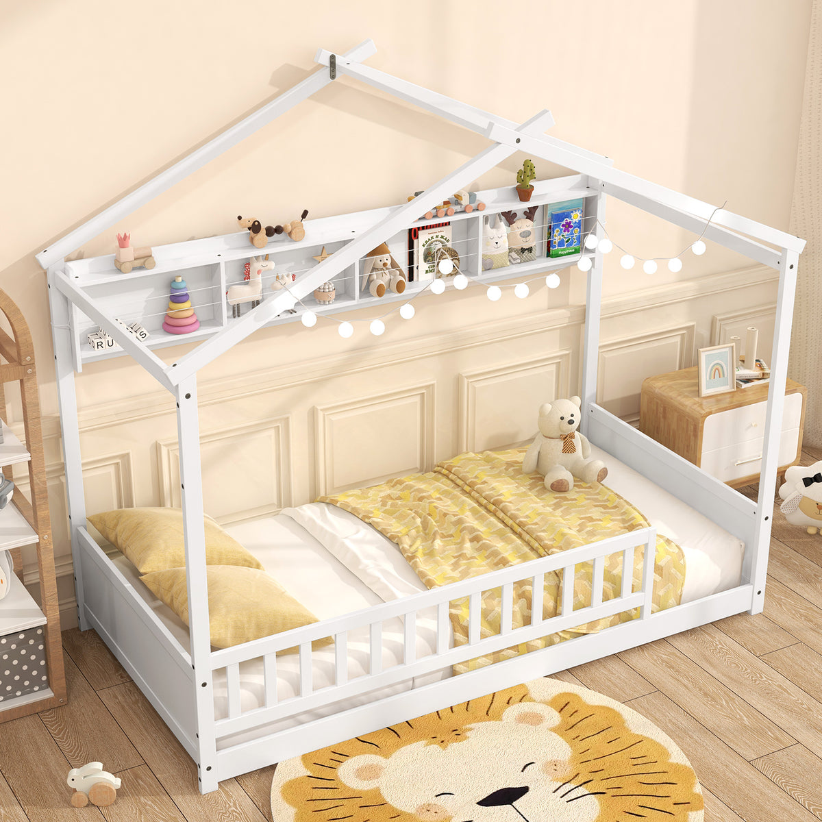 Twin Size House Bed with Storage Shelf and Headboard-White-Simple Bed Frame-DECOROLALA