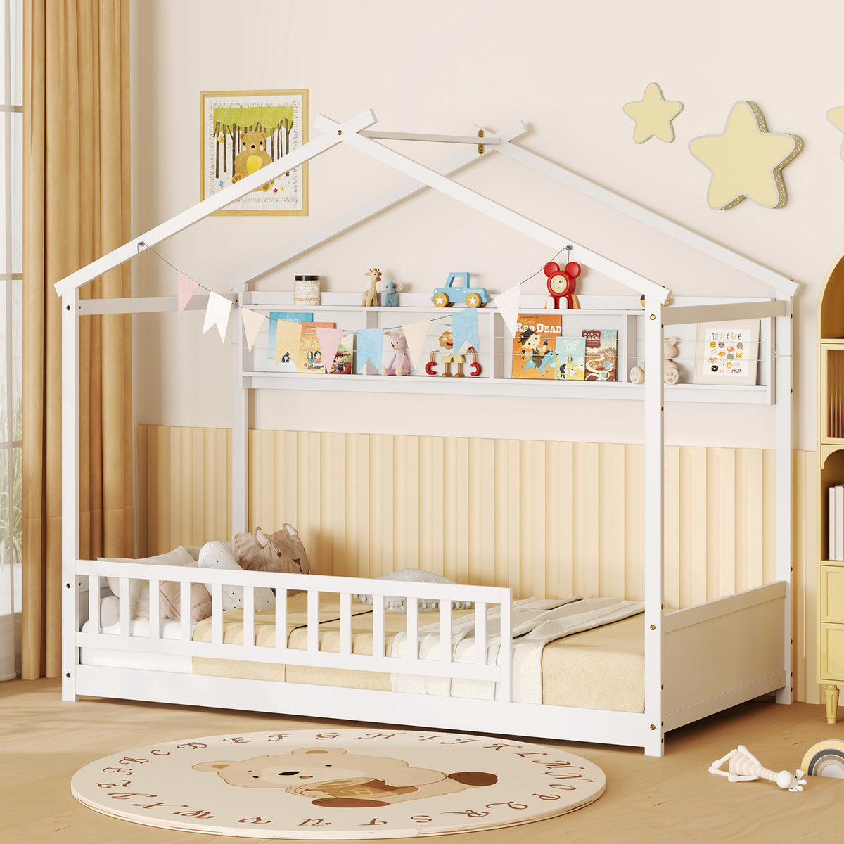 Twin Size House Bed with Storage Shelf and Headboard-White-Simple Bed Frame-DECOROLALA