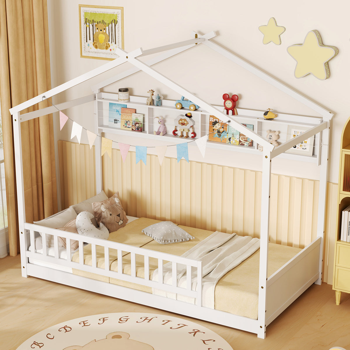 Twin Size House Bed with Storage Shelf and Headboard-White-Simple Bed Frame-DECOROLALA