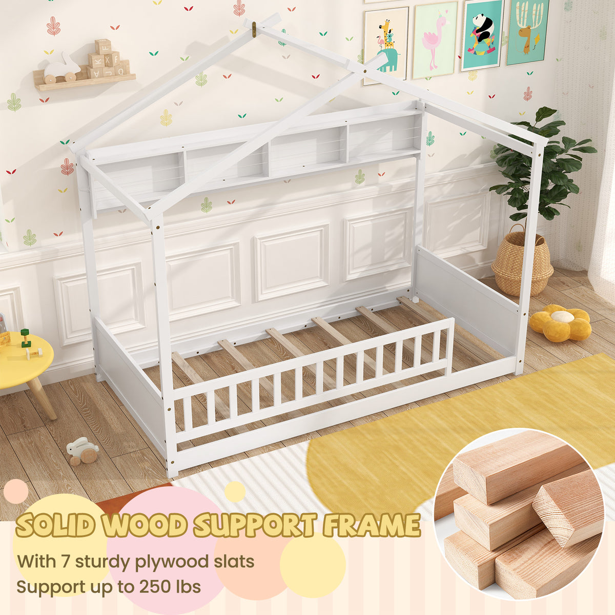 Twin Size House Bed with Storage Shelf and Headboard-White-Simple Bed Frame-DECOROLALA
