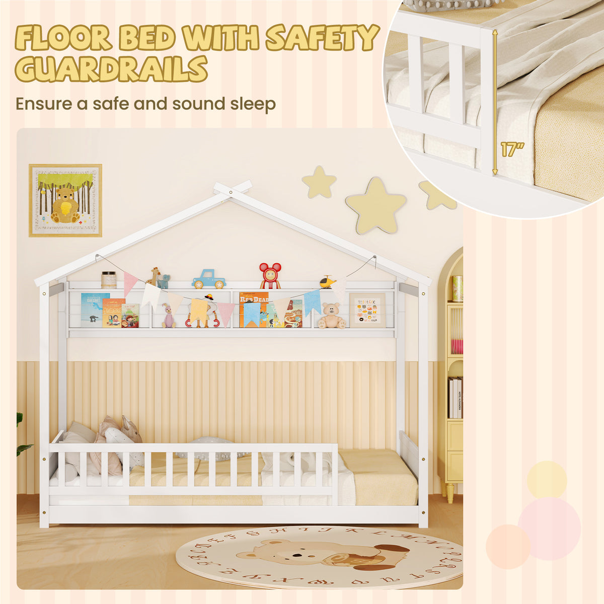 Twin Size House Bed with Storage Shelf and Headboard-White-Simple Bed Frame-DECOROLALA