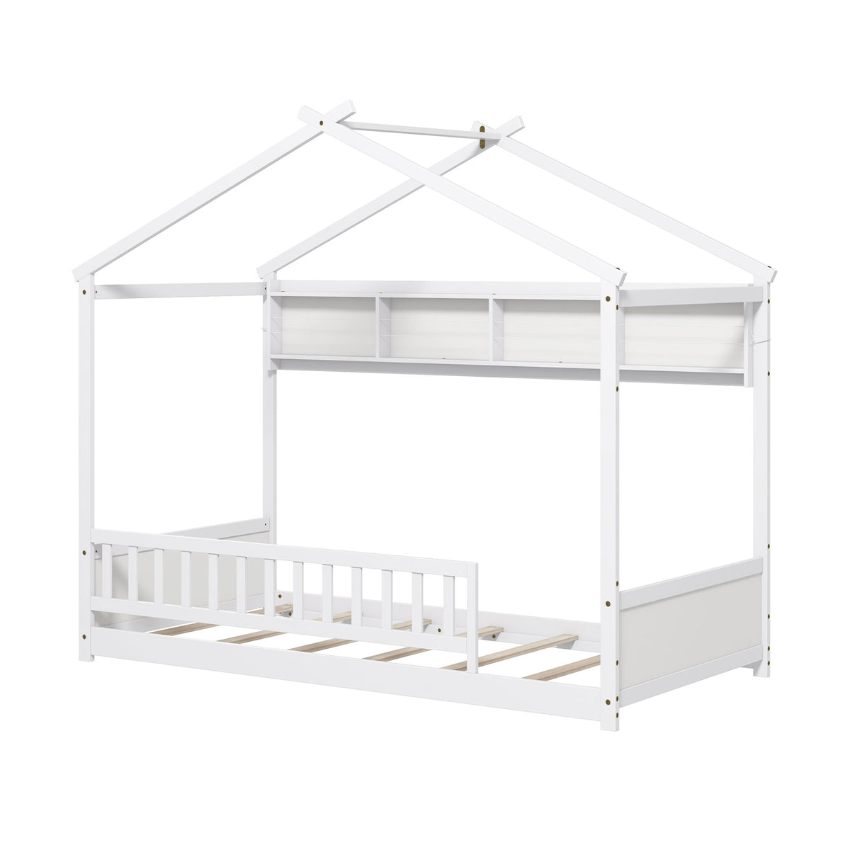 Twin Size House Bed with Storage Shelf and Headboard-White-Simple Bed Frame-DECOROLALA