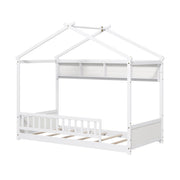 Twin Size House Bed with Storage Shelf and Headboard-White-Simple Bed Frame-DECOROLALA