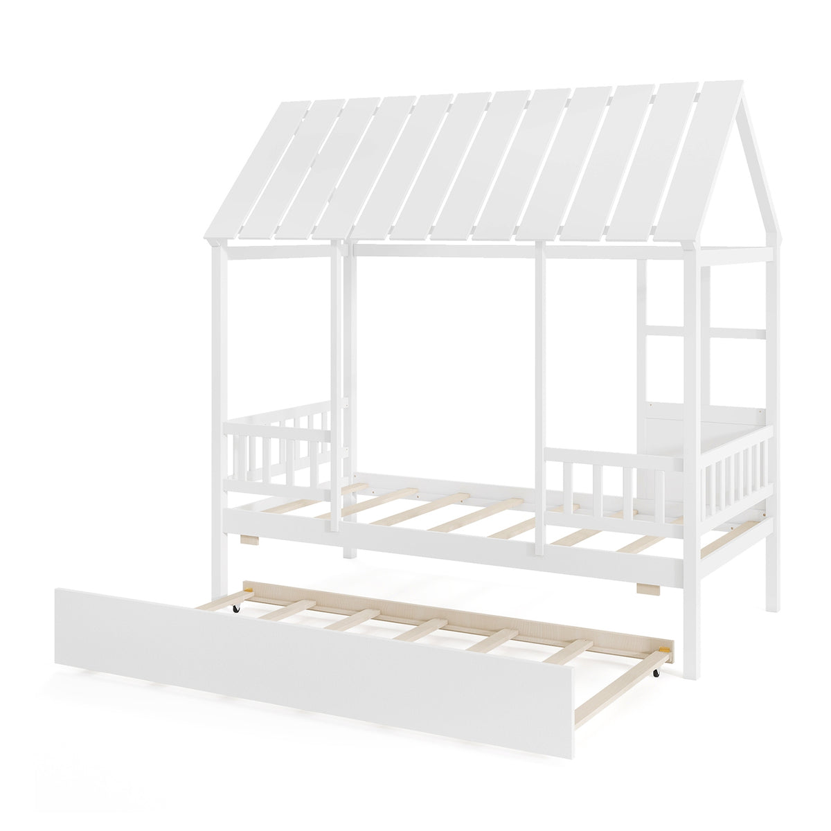 Twin Size House Bed with Trundle - Solid Wood Platform Bed White-Beds & Bed Frames-DECOROLALA