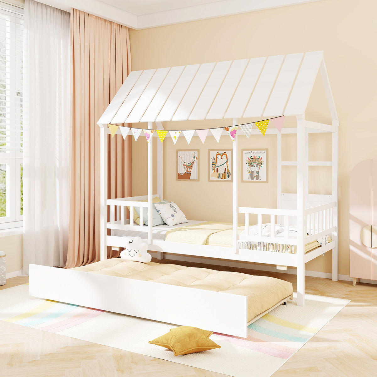 Twin Size House Bed with Trundle - Solid Wood Platform Bed White-Beds & Bed Frames-DECOROLALA