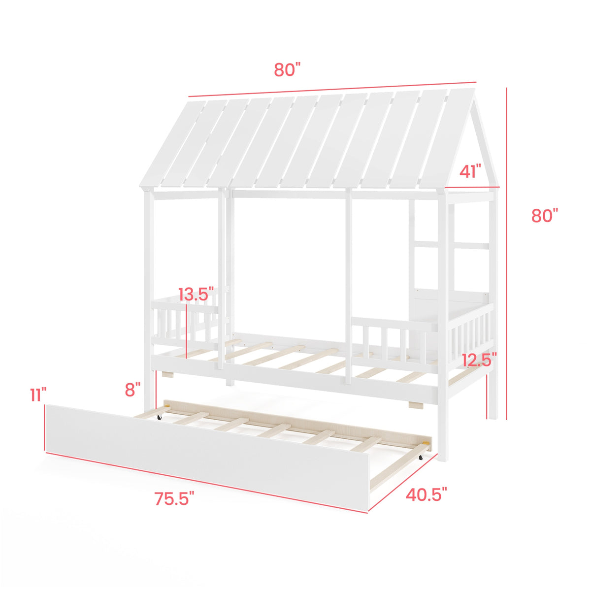 Twin Size House Bed with Trundle - Solid Wood Platform Bed White-Beds & Bed Frames-DECOROLALA