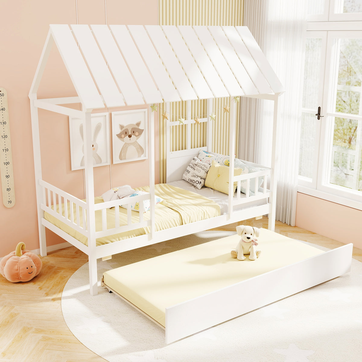 Twin Size House Bed with Trundle - Solid Wood Platform Bed White-Beds & Bed Frames-DECOROLALA