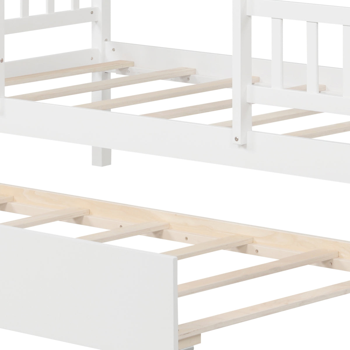 Twin Size House Bed with Trundle - Solid Wood Platform Bed White-Beds & Bed Frames-DECOROLALA