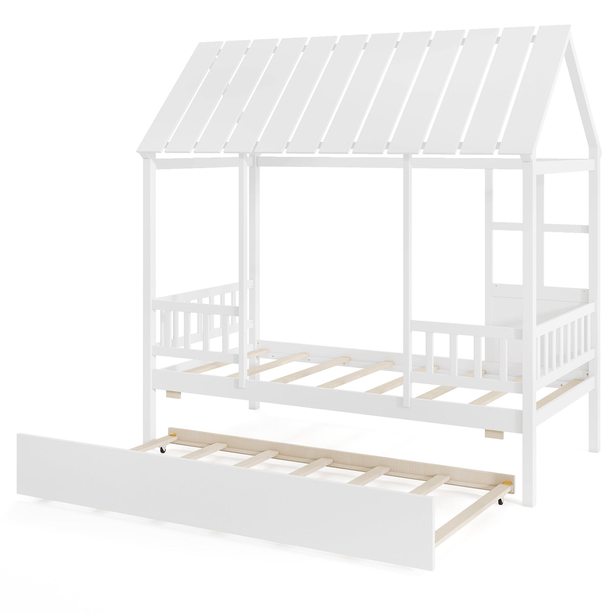 Twin Size House Bed with Trundle - Solid Wood Platform Bed White-Beds & Bed Frames-DECOROLALA
